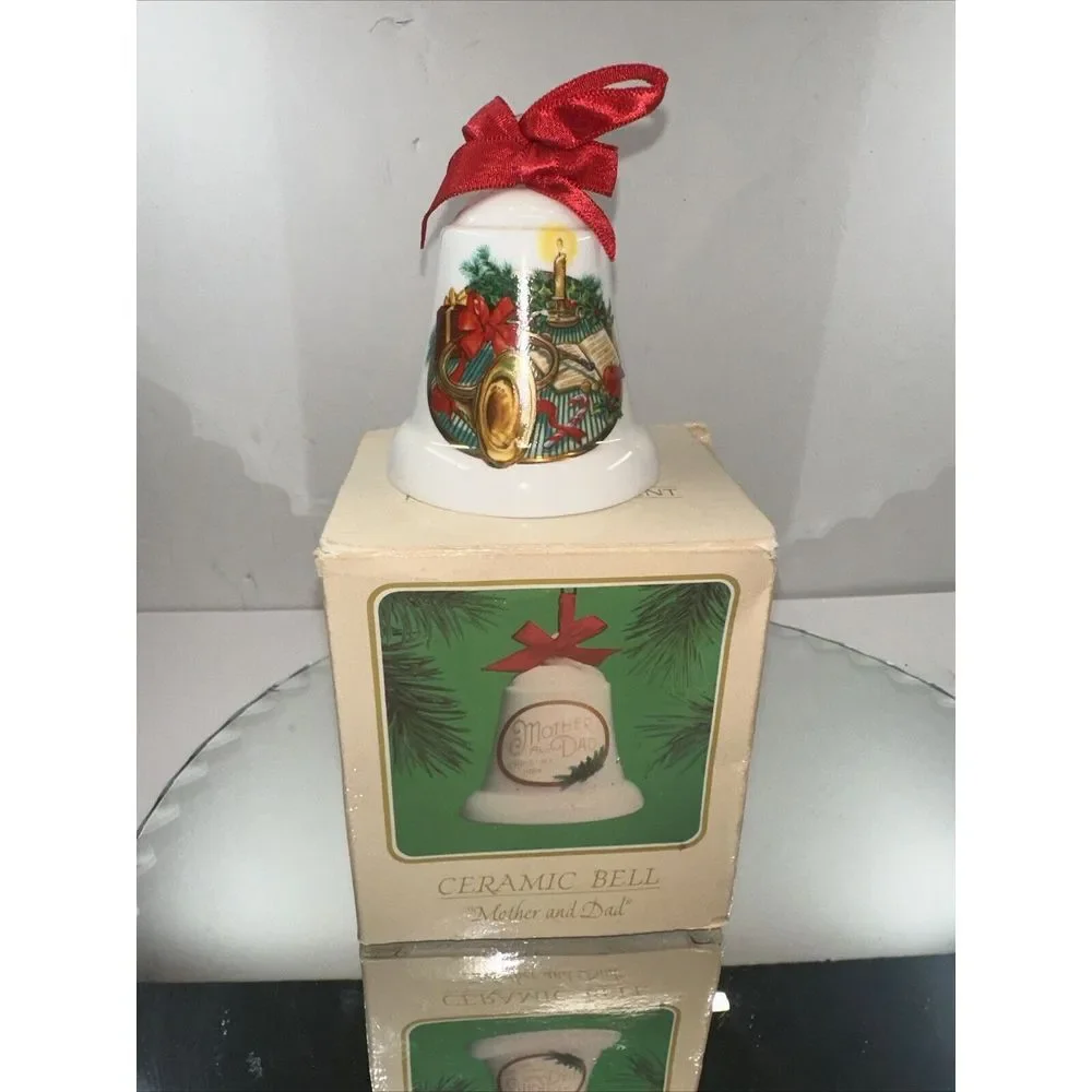 Mother Mom and Dad Christmas Ornament‎ 1984 Ceramic Bell Hallmark Keepsake MIB